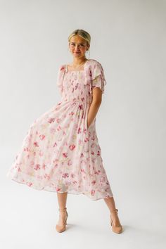 The Novasad Smocked Floral Midi Dress in Blush Gingham Pants, Floral Babydoll Dress, Mustard Dressing, Church Dresses, Nursing Friendly, Ivory Dresses, Navy Pink, Large Bust, Floral Midi Dress