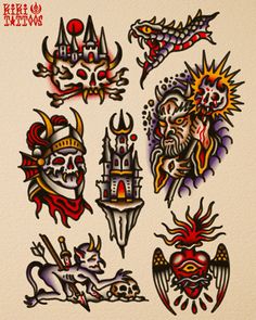 an assortment of tattoo designs on a white paper with the words tattoos written in it