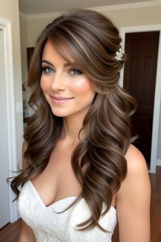 Style your long Rapunzel hair with our elegant side braid ideas. Here you will find inspiration for your next braid, including crown and French braids. Bridal Hairstyle Straight Hair, One Side Up Bridal Hair, Vintage Hair Wedding Long, Hair Down Glam Hairstyles, Side Part Down Wedding Hair, Side Part Hairstyles For Wedding, Elegant Down Hairstyles Classy, Long Hairstyles For Homecoming, Half Up Hair Front View