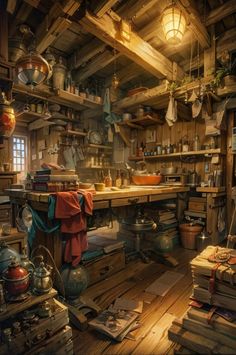 an old fashioned kitchen with lots of clutter and pots on the stove top in it