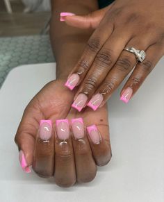 #frenchnails #pinknails #shortnails French Tip Color Nails Square, Short French Tip Acrylic Nails Colorful, Short Nails With Pink Tips, Short Square French Tip Acrylic Nails Pink, Shorties Acrylic Nails Square French Tip, Pink Tips Acrylic Nails, Ombre Short Nails Acrylic, Short French Tip Acrylic Nails Pink, Summer Nail Ideas Acrylic Square