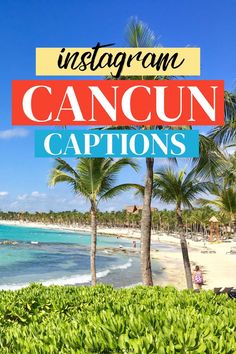 the beach and palm trees with text overlay that reads instagramn cancun captions