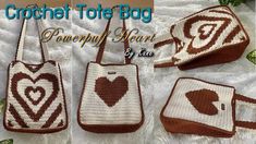 crochet tote bag pattern with heart and cross - hatched design in brown and white