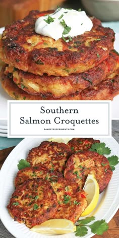 the cover of southern salmon croquettes with lemon wedges and sour cream