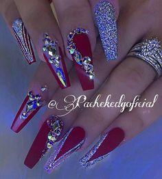 Red Acrylic Nails, Nails Design With Rhinestones, Stiletto Nails Designs, Coffin Nails Long, Red And Silver, Bling Acrylic Nails, Nail Designs Glitter