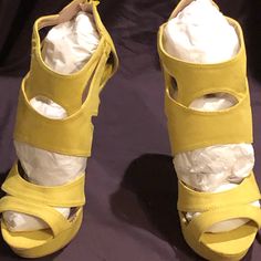 Yellow Suede Stilettos By Qupid! Spring Party Suede Heels, Fitted Suede Sandals For Party, Fitted Suede Party Sandals, Fitted Suede Sandals For Spring, Yellow Suede Heels For Spring, Spring Yellow Suede Heels, Spring Fitted Wedge Heel, Fitted Wedge Heels For Spring, Elegant Yellow Suede Heels