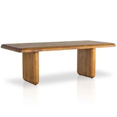 a wooden table with two legs and a long slab on the top, against a white background