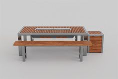 an outdoor table and bench made out of wood with metal legs, in front of a gray background