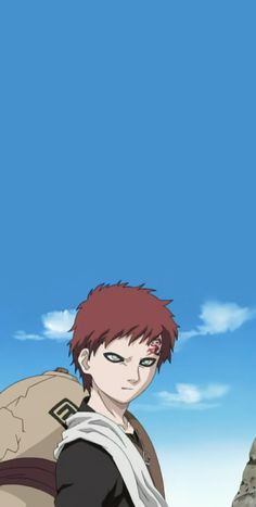 an anime character with red hair is holding a backpack