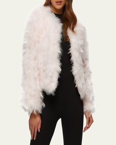 Gorski cropped jacket in dyed feathers and polyester     Open front     Long sleeves     Lining: Polyester    Professional cleaning recommended    Imported Lamb Jacket, Feather Jacket, Evening Flats, Cocktail Jacket, Bolero Jacket, Professional Cleaning, Cropped Jacket, Shearling Jacket, Faux Fur Jacket