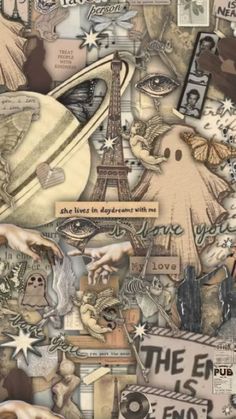 the eiffel tower is surrounded by many different items and things that are grouped together