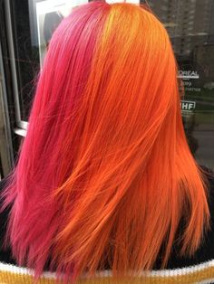 Half Pink Half Orange Hair, Neon Hair Colour, Orange Hair Colors, Orange And Pink Hair, Orange Pink Hair, Pink Orange Hair, Neon Orange Hair, Orange Hair Color Ideas, Orange Hair Color