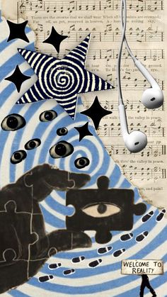 an artistic collage with music and eyeballs in the shape of a person walking