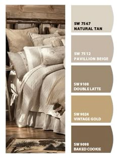 the color scheme for this bedroom is neutral and tan