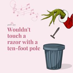 Even the Grinch wouldn't touch a razor with a ten-foot pole. 🎄 So why would you? 🤨 Book your next waxing appointment so you can be smooth for Christmas! 👆 Link in bio. . #waxing #wax #waxer #waxingstudio #purejoyskincarewaxstudio #joystiers #burlingtonwa #esthetician #skagitcounty #mountvernonwa #sedrowolleywa #skagitvalleyesthetician #burlingtonwaesthetician Body Waxing Pictures, Body Wax Aesthetic, Waxing Funny Humor Hair Removal, Waxing Humor, Waxing Post, Christmas Esthetician, Esthetician Christmas, Waxing Aesthetic, Waxing Memes