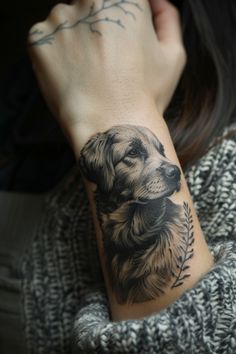 a woman's arm with a dog tattoo on it, and her hand holding the wrist