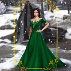 a digital painting of a woman in a green dress with snow falling on her head