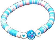 Spring Blue Round Beaded Bracelet, Blue Round Beads Bracelet For Spring, Blue Flower Beaded Bracelets For Summer, Cute Blue Beaded Bracelets With Heart Beads, Blue Beaded Bracelets As Spring Gift, Blue Beaded Bracelets For Spring Gift, Heart Clay, Clay Bead Bracelet, Hawaiian Flower