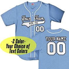 Customize your team's look with our Personalized Light Blue Baseball Jersey featuring White Piping! This jersey can be fully customized with your team's logo, player name, and numbers. Elevate your team's style with our premium, tailored design and make a statement both on and off the field. Customized with your team name, player name, numbers and mascot if you order the color logo design1. Front Name: 2. Name in Tail: 3. Back Name: 4. Front & Back Number: 5. Mascot (color logo only)- Lettering Cheap Blue Jersey With Team Logo, Cheap Jersey With Letter Print And Baseball Collar, Back Number, Baseball Socks, Football Pants, Custom Baseball Jersey, Type Style, Uniform Pants, Custom Basketball