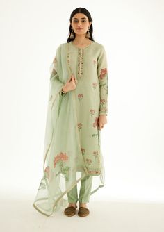 Shyam Narayan Prasad-Smoke Green Zardozi Embroidered Kurta Set-INDIASPOPUP.COM Organza Dupatta, Hand Block Print, Kurta Set, Green Silk, Floral Stripe, Indian Design, Handmade Clothes, Fashion Labels, Global Fashion