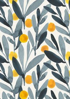 an orange and green plant with leaves on a white wallpaper pattern that looks like it is painted in watercolor