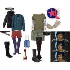 an assortment of clothing and accessories including boots, hat, jacket, lipstick, nail polish