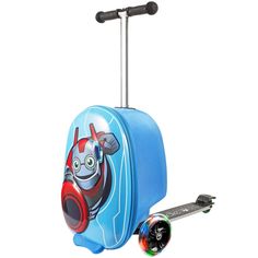 a blue suitcase with wheels and an image of a cartoon character on it