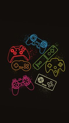 four neon colored video game controllers on a black background with splatters and spray paint