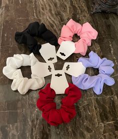 "Ponytail holders, mixed solid hair scrunchies. Various colors are available and perfect for the hair and wrist accessory. Large cute Scrunchies that look super cute in your hair and on your wrists. Outer diameter is about 4 inches, inner diameter is about 1.5 inches. They wrap around the hair a few times giving it a sturdy grip. Pre Washed and 100% machine or hand washable. Made in pet free zone. Choose color choice from a drop down menu. Comes in singles, or packs of five, or packs of 10. Colo Cute Scrunchies, Band Accessories, Wrist Accessories, Color Bands, Hair Scrunchies, Ponytail Holder, Ponytail Holders, Scrunchie Hairstyles, Hair A