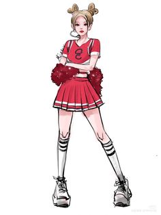 a drawing of a girl in a cheerleader outfit with her hands on her hips