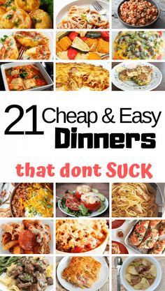 the cover of 21 cheap and easy dinners that don't suckle, with pictures of different dishes