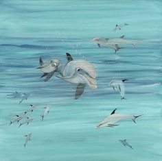 a painting of dolphins swimming in the ocean with seagulls flying around them,