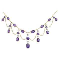 An Edwardian amethyst, diamond and pearl fringe necklace, consisting of seven bars graduating from the centre, five bars each set with two old European-cut diamonds and two amethysts, the two smaller bars each set with two amethysts, all bars suspended from a gold chain set with six oval amethysts and the bars connected with gold chain swags embellished with seed pearls, the diamonds estimated to weigh approximately ¾ carat in total, mounted in silver and rose gold, to cylindrical clasp, marked Luxury Lavender Necklaces With Natural Stones, Antique Amethyst Jewelry, Pearl Fringe, Diamond Knot, European Jewelry, Diamond Cluster Earrings, Dragonfly Earrings, Pearl And Diamond Earrings, Fringe Necklace