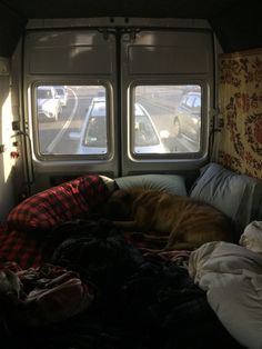 a dog sleeping on top of a bed in the back of a van with two windows