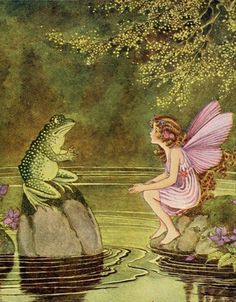 a fairy sitting on top of a rock next to a frog in the water with its wings