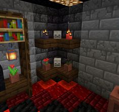 a room in the minecraft house with red carpet, shelves and lights on it