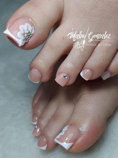 Toe Nail Inspo 2023, 3d Flower On Toenails, Toe Flower Designs, French Tip Pedicure With Flower, Pedicure Designs Flower, Wedding Pedicure Toenails Brides, French Tip Toes With Design, Autumn Pedicure Toe Nails, Flower Pedicure