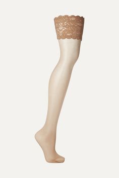 Wolford's 'Satin Touch' 20 denier stay-up stockings are spun from featherweight  sand stretch-nylon  for a barely-there finish. This pair has discreet shadow toe reinforcement for durability and delicate scalloped  lace  trims that are backed with  silicone  strips to hold them securely in place.   Wear it with: [Wes Gordon Skirt id516798], [Stella McCartney Blouse id585164], [Gianvito Rossi Pumps id569492], [Nina Ricci Shoulder bag id546234], [Jennifer Fisher Bracelet id503984], [Arme De L'Amou Fitted Sheer Over-the-knee Hosiery, Elegant Fitted Mid-thigh Length Hosiery, Elegant Fitted Mid-thigh Length Tights, Elegant Thigh-high Fitted Hosiery, Elegant Fitted Thigh-high Hosiery, Elegant Fitted Over-the-knee Stockings, Fitted Nylon Over-the-knee Stockings, Elegant Stretch Thigh-high Stockings, Elegant Sheer Thigh High Hosiery