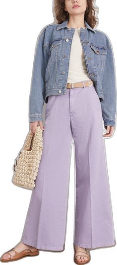 Trendy Purple Wide-leg Bottoms, Trendy Purple Wide Leg Bottoms, Trendy Wide Leg Purple Bottoms, Trendy Lavender Wide-leg Pants, Lavender Straight-leg Pants With Pockets, Trendy Lavender Wide Leg Pants, Purple Cotton Wide Leg Pants For Spring, Lavender Straight Leg Pants With Pockets, Lavender Straight Leg Bottoms With Pockets