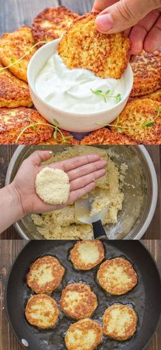 some food is being cooked and put in a pan on the table with other pictures