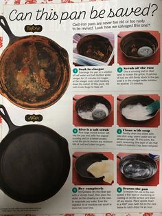 an old cast iron skillet is shown with instructions for how to cook it and how to use it