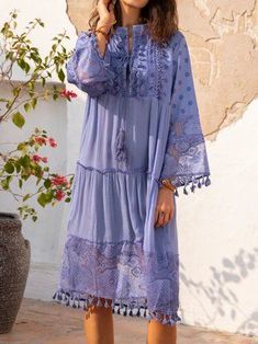 Justfashionnow Summer Dresses 1 Boho Dresses V Neck Holiday Paneled 3/4 Sleeve Dresses Lace Dresses Casual, Vacation Shorts, Basic Dresses, Boho Dress Short, Dresses Linen, Lace Dress Casual, Long Sleeve Boho Dress, Dresses V Neck, Causal Dresses