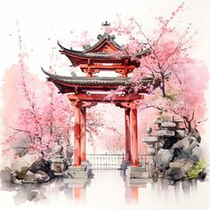 Tori Gate Tattoo, Tori Gate Drawing, Japan Landscape Painting, Japan Watercolor Painting, Traditional Japanese Watercolor, Cultural Landmarks In Japan Painting, Japanese Pagoda Painting, Japanese Temple Watercolor, Tori Gate