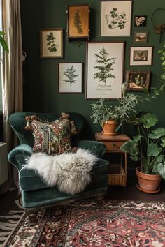 Cozy corner in a sage green bedroom, featuring a plush emerald green armchair, botanical prints, and lush indoor plants for a chic vibe. Green Room Gold Accents, Green Bedroom Colors, Academia Bedroom, Green Lounge, Green Apartment, Sage Green Bedroom, Sage Green Walls, Living Room Loft, Living Room Green