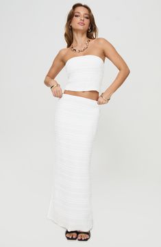 Always look polished in this flirty crop top and maxi skirt that show off your shoulders and midriff. Includes top and skirt Top has hidden back-zip closure; strapless; elastic waist Skirt has elastic waist Skirt is lined 100% polyester Machine wash, line dry Imported Crop Top And Maxi Skirt, Maxi Skirt Crop Top, Maxi Skirt Set, Look Polished, Strapless Crop Top, Pink Formal Dresses, Fleece Dress, Outerwear Outfit, Strapless Tops