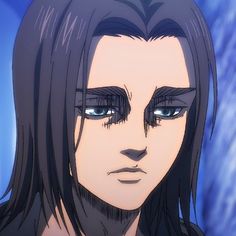 an anime character with long black hair and blue eyes looks at the camera while staring straight ahead