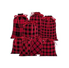 six red and black buffalo plaid bags