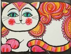 a drawing of a white cat with pink and orange stripes on it's face