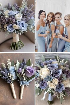 the bridesmaids are holding their bouquets and posing for pictures