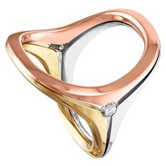 Modernist Tri Color Open Ring The ring is 18K White Gold, Yellow Gold, Rose Gold There is 0.20 Carats in diamonds G/H SI The Modern open design gives the ring a size range. The ring is a size 7-9, this ring cannot be sized. It means anyone who wares size 7 to size 9 ring can easily wear this. The ring weighs 9.8 grams. Retro Ring, Blue Sapphire Diamond, Bezel Set Diamond, Modern Ring, Large Ring, Open Design, Stone Gold, Three Stone Rings, Delicate Rings